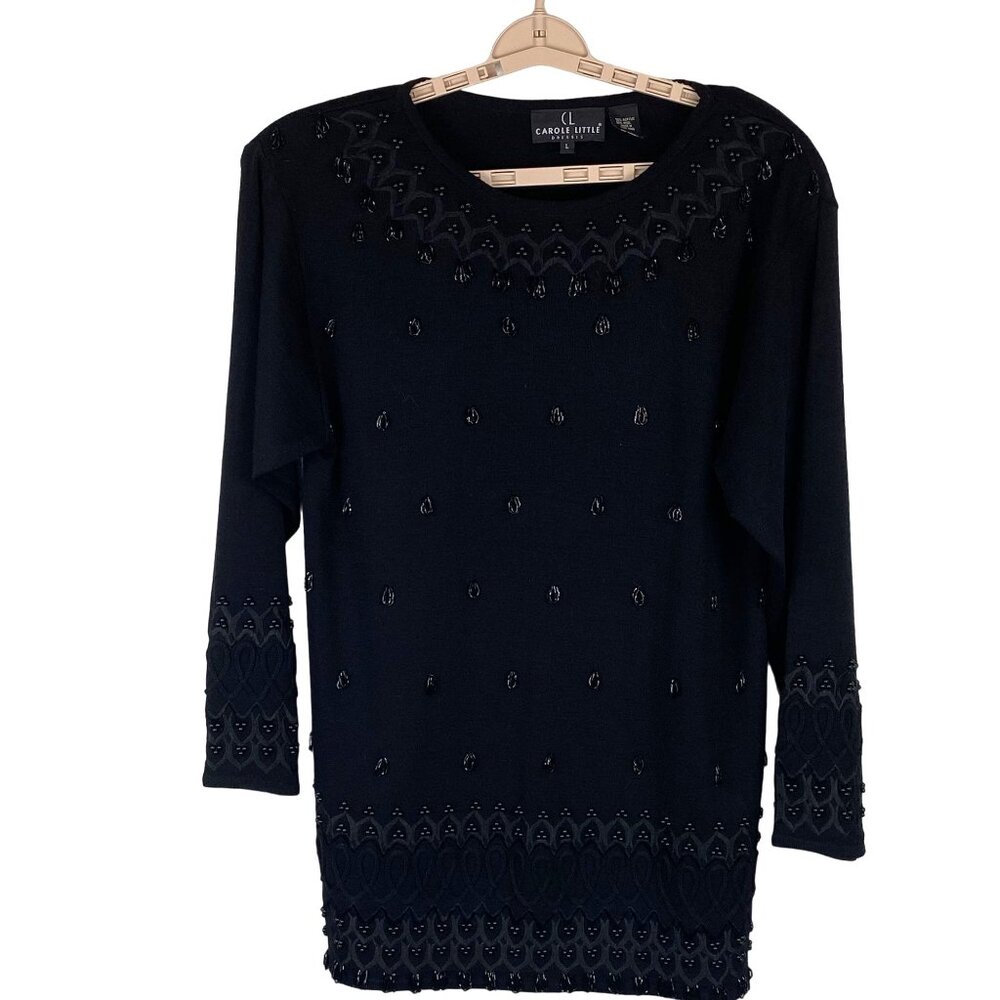 Vintage 80's Carole Little Beaded Boho Chic Black Sweater Mini Dress Tunic  L